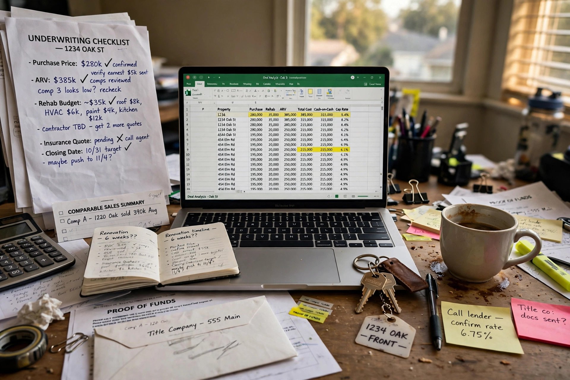 A deal desk mid-underwrite: printed underwriting checklist, laptop spreadsheet, house keys, and notebook