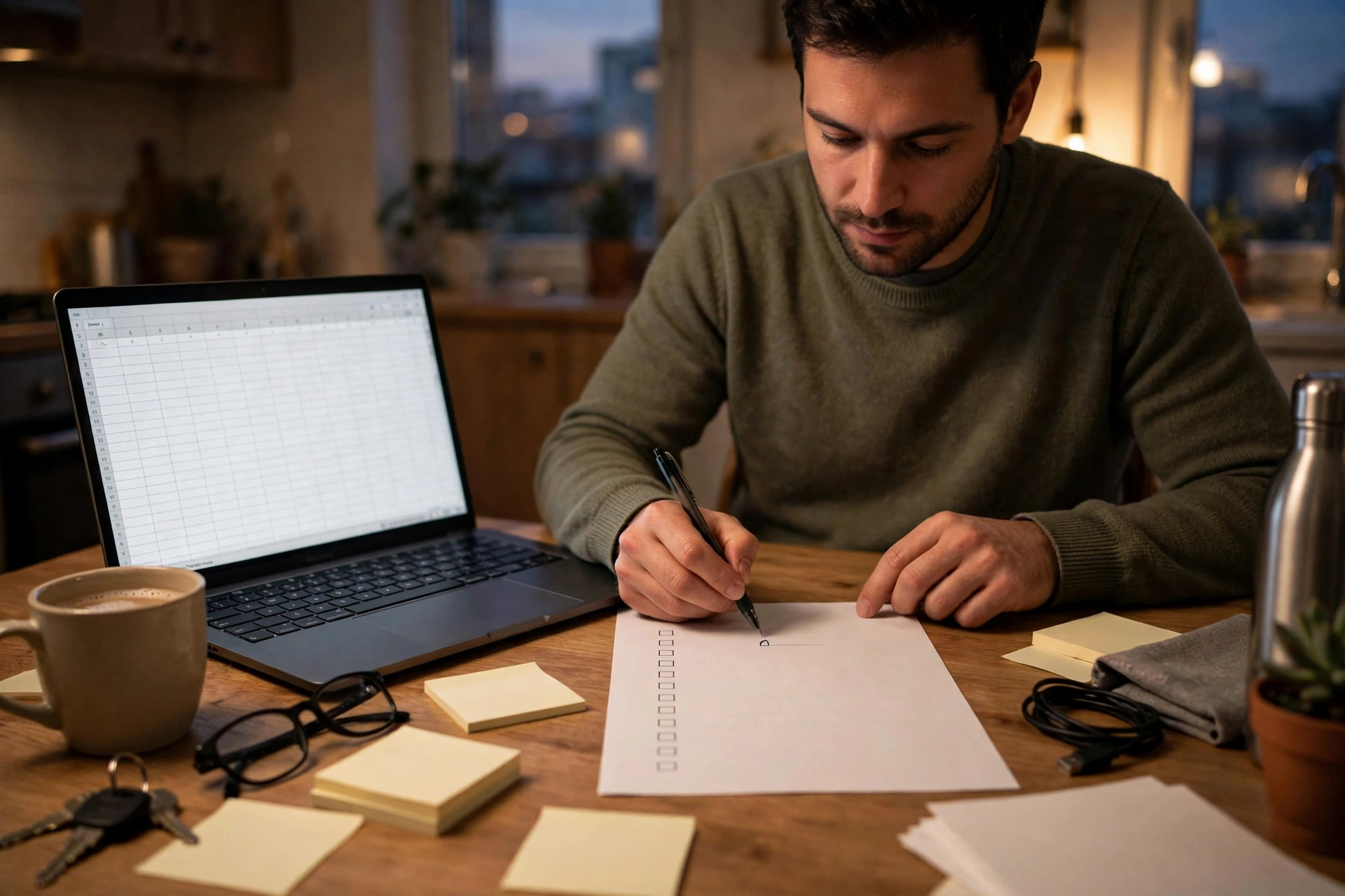 Investor reviewing a printed deal checklist with a pen at a table
